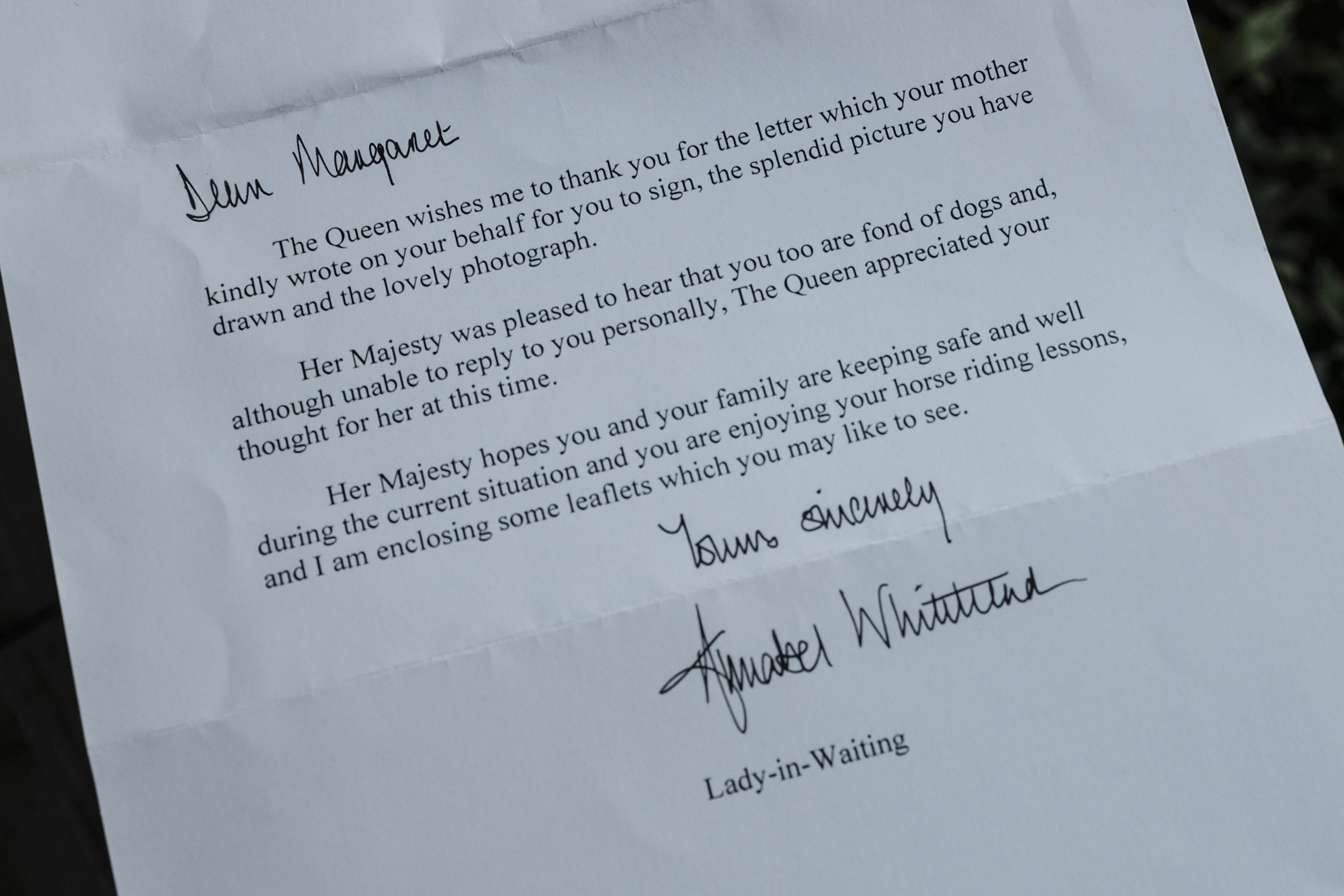 This image shows a letter Maggie Couch, of Santa Rosa, received in the mail from Queen Elizabeth.