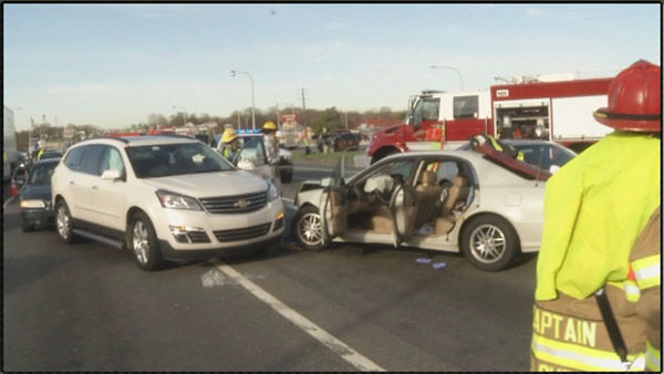 Pictured: The scene of a multi-vehicle crash on Route 13 at Route 273 in New Castle, Delaware on Thursday morning.