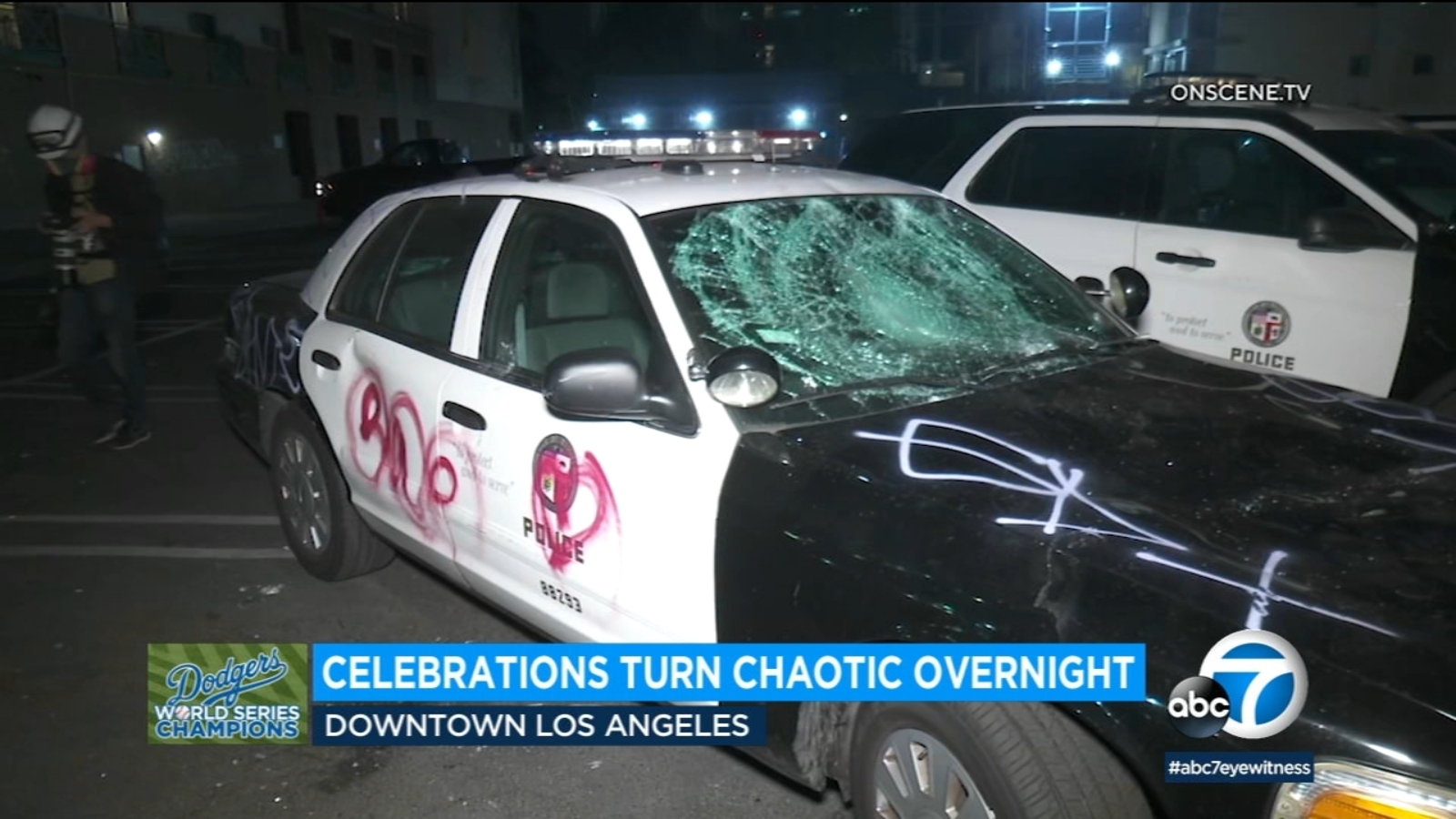 Dodgers celebrations after World Series victory turn unruly, violent in downtown Los Angeles; 8 arrested amid looting, vandalism - KABC-TV