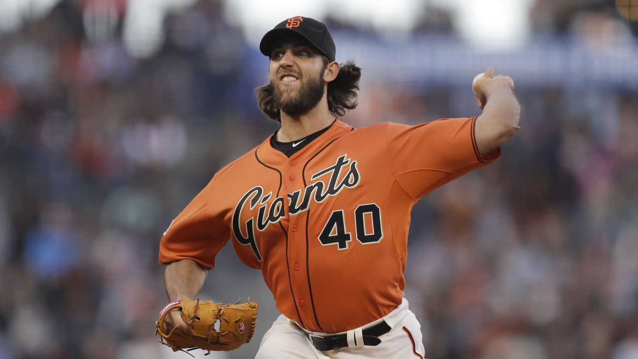 San Francisco Giants' Madison Bumgarner works against the Arizona Diamondbacks in the first inning of a baseball game Friday, June 12, 2015, in San Francisco. 