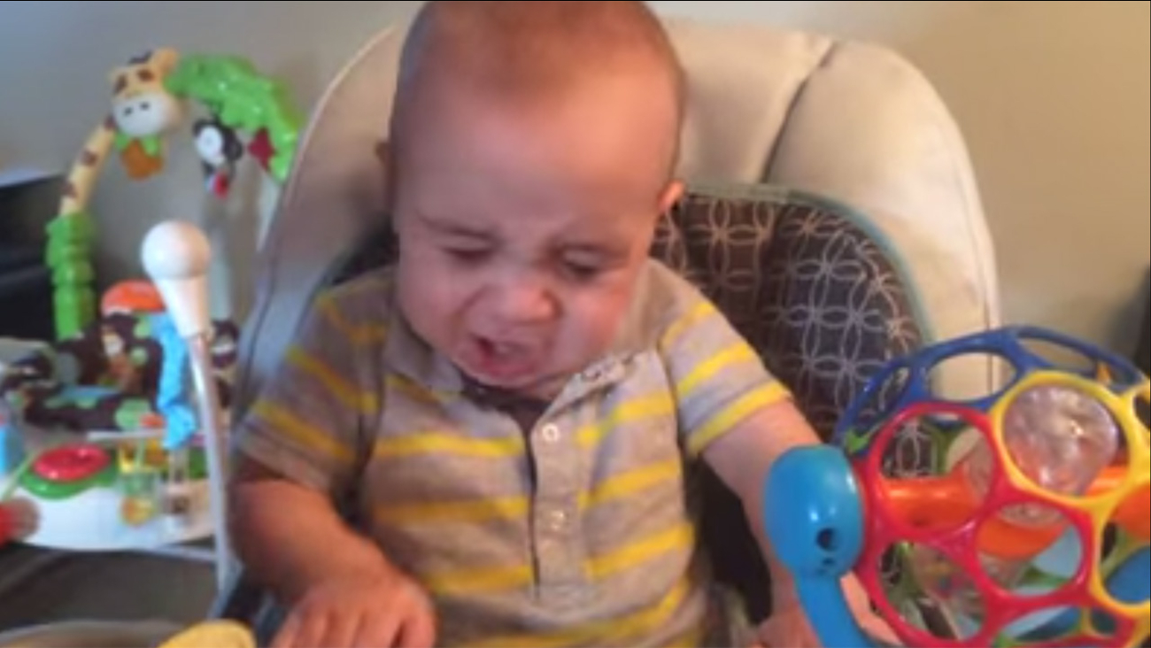 Baby has hilarious reaction to being fed his first hardboiled egg