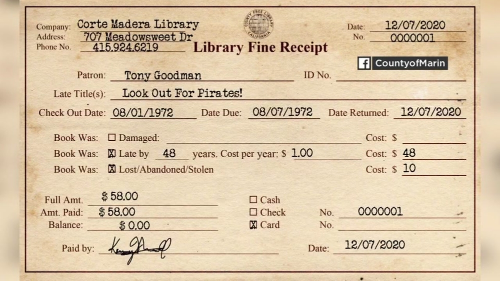 Employee pays boss's 48-year-old overdue Marin library book fine