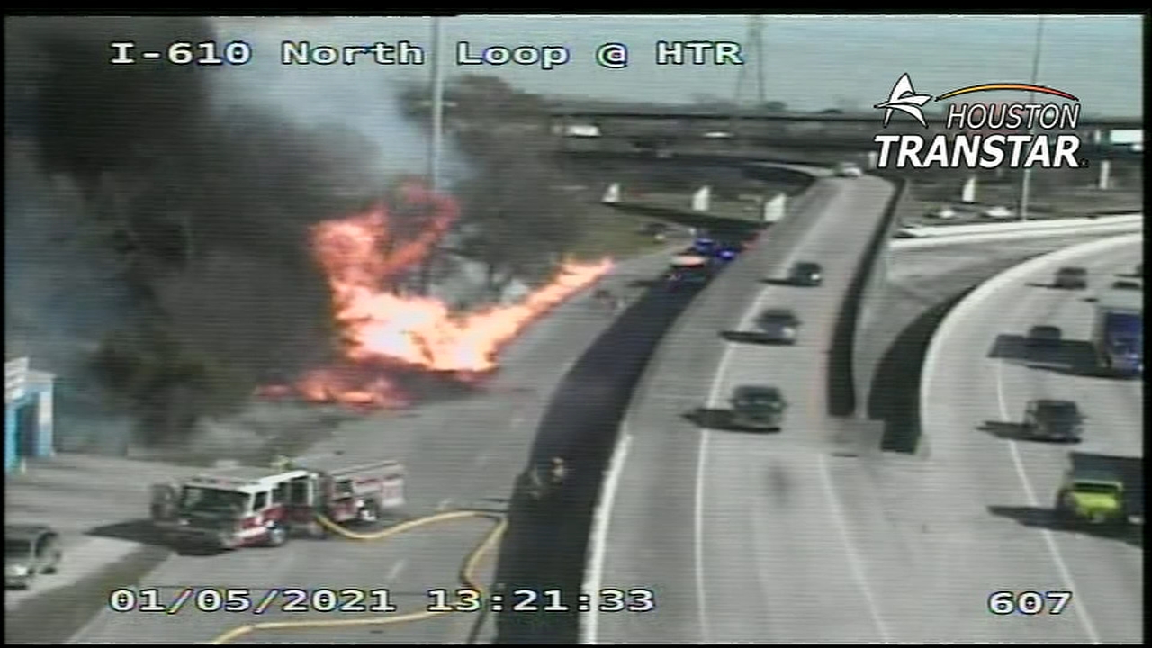 Big rig bursts into flames after crash on North Loop