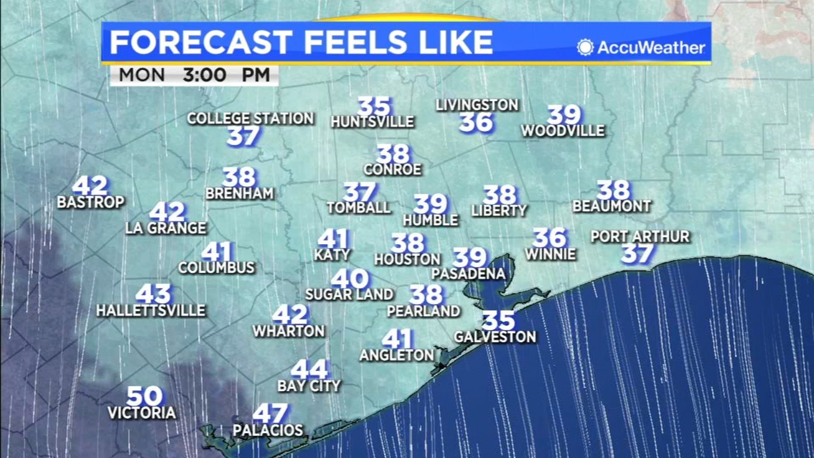 Houston Weather Dry but cold with feelslike temps in the 20s this